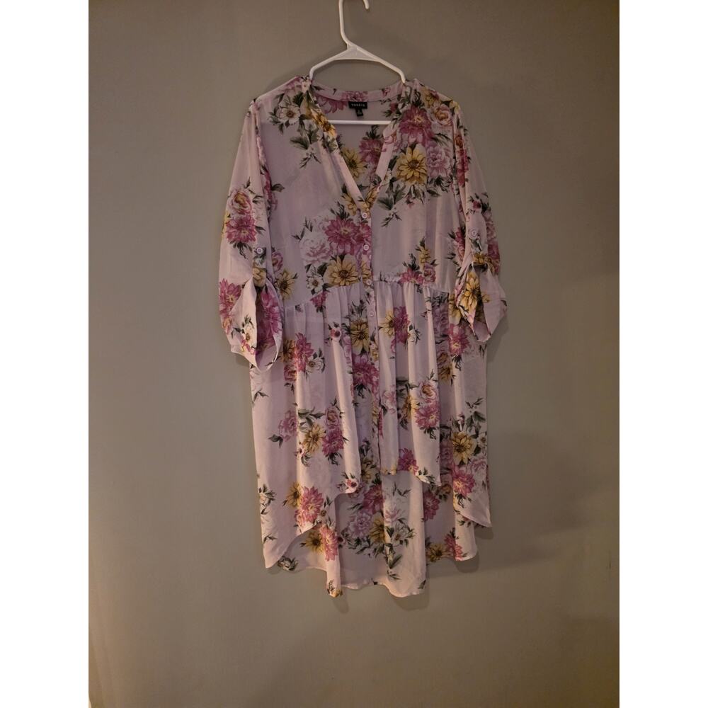 Torrid 2 Plus Light Pink Yellow Floral Chiffon Midi Dress V-Neck 3/4 Sleeve